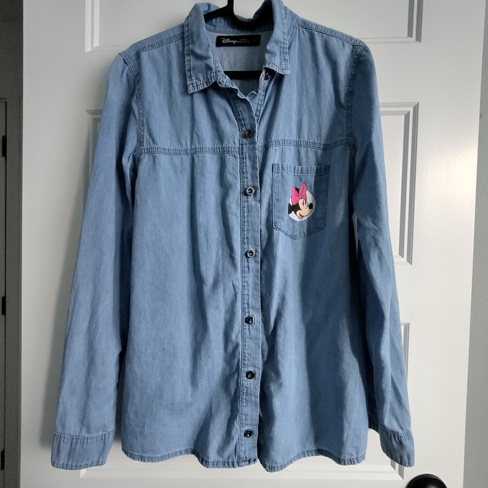 Disney Womens' Light Blue Denim-Look Minnie Mouse Button-Up Shirt